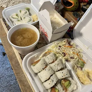 4pc California Roll, Miso Soup, White Rice, 8pc Spicy Tuna Roll, Sumi Salad