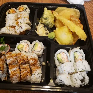 2 roll bento with eel and spicy salmon rolls