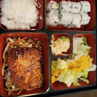 Salmon Bento box is good. Ask for sauce to be in the side cause it might be a bit salty.
