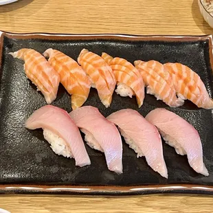 Salmon belly and yellowtail nigiri
