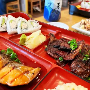 a variety of sushi dishes