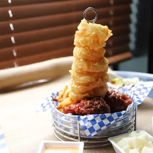 Fried chicken, onion rings, and fries in one basket!!!