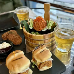 Fried chicken sliders, croquettes, spicy tuna tower