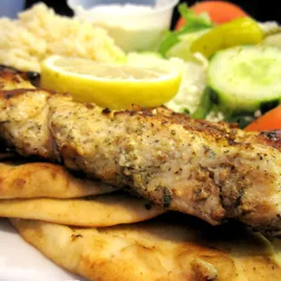 Chicken Souvlaki platter (with Greek salad and rice)