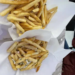 American fries(top), Greek Fries(bottom). Both perfectly crispy and so tasty!