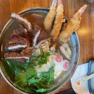 Miso ramen with katsu chicken and katsu shrimp