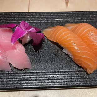 Yellowtail nigiri and salmon nigiri