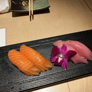 Salmon and yellowtail nigiri