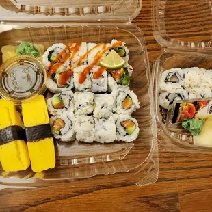 Left: Mexican roll, tamago nigiri, salmon advocado roll. Right: negi yellowtail roll