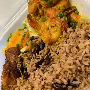 Curry shrimp, rice and peas, and Mac n cheese, and plantains