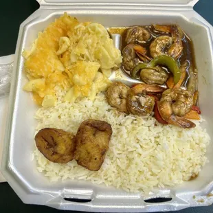 Jerk Shrimp, White Rice, Mac n Cheese