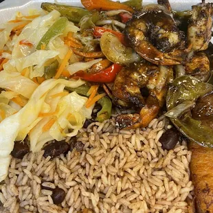 Jerk shrimp, rice and peas and mixed veggies