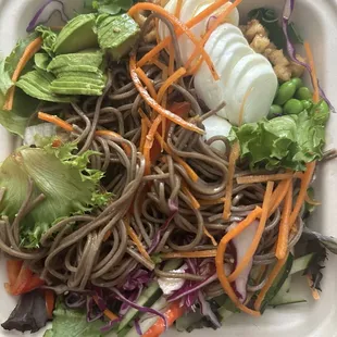 Soba noodle salad. So full of veggies, avocado, edamame, tofu and a lovely sesame dressing.