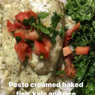 Pesto creamed baked fish with rice and kale salad