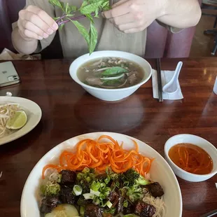 Shaken Beef with Vermicelli and Rare Steak and Brisket Pho