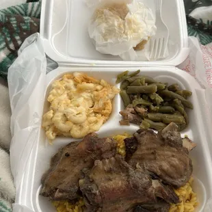 Green beans, Mac and cheese, yellow rice, turkey wings.
