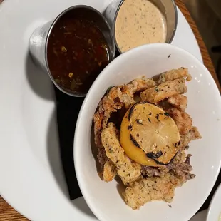 Calamari with several dipping sauces
