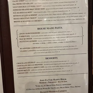 Chef&apos;s features and home made pasta section of the menu