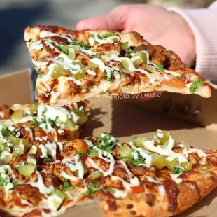 Chicken Shawarma Pizza ($11.99 for small) - Garlic Paste, Chicken Shawarma, Tomato, Pickles, Parsley, Mozzarella