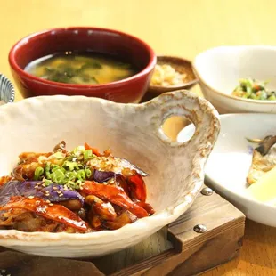 a variety of dishes on a table