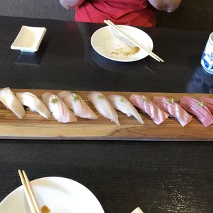 Ala carte sushi.  The best were the four on the right - fatty O-Toro and Chu Toro.