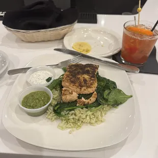 Grilled Salmon (creamy dill and pesto sauces on the side) + Old Fashioned
