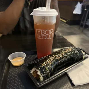 Kimbap and strawberry black tea with lychee jelly