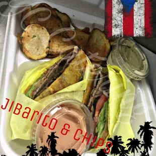 Jibarito Sandwich with Home made Chips.