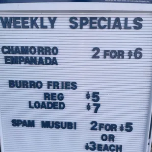 Specials Menu. Changes weekly.