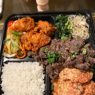 4 item plate w Fried chicken, bulgogi, white rice, Korean pancake. &amp; Japjae