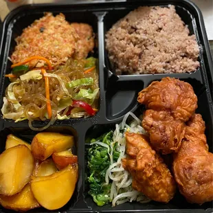 4 item plate w Fried chicken, brown rice, Korean pancake. Japjae, &amp; braised potatoes, yum!