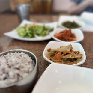 A bowl of rice with Banchan (Side dishes - free)