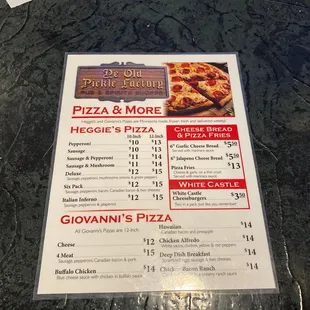 Pizza menu