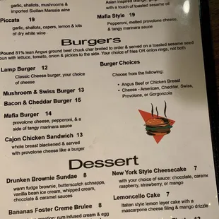 Menu, chicken, burgers and dessert
