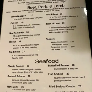 Menu, entrees, beef, pork, lamb &amp; seafood