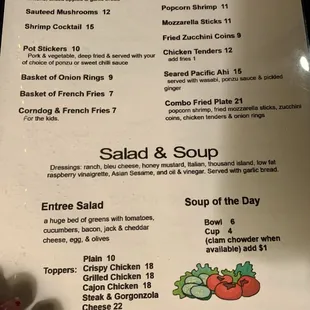 Menu, appetizers, salad and soup