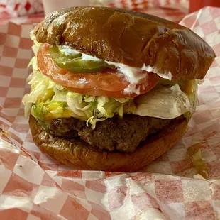 The Buffalo burger, all the way.