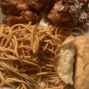 Orange chicken, sesame chicken, spring roll, dumpling and Lo mein noodles