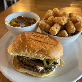 Ballpark burger with chili and tater tots