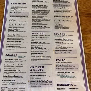 Menu for Yeager's