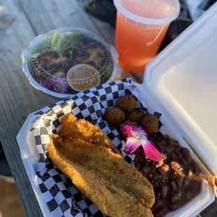 Catfish with 2 sides, added crab cakes !