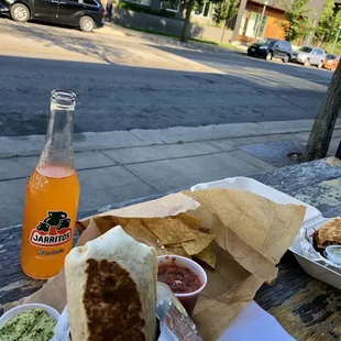 Classic Carnitas Burrito Chips &amp; salsa  Jarritos Mandarin