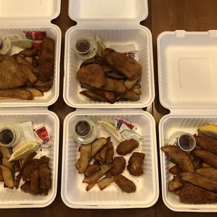 Top Left: Halibut Middle Top: Cod/Snapper Combo Bottom left and center: Kids Fish &amp; Chips Bottom Right: Cod