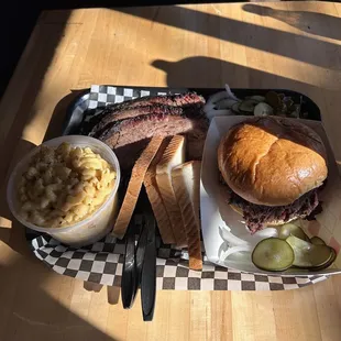 pound of brisket, brisket sandwich, and smoked mac and cheese. not pictured: banana pudding