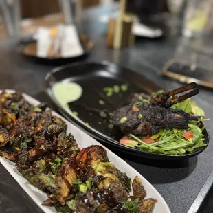 Brussel sprouts, jerk lamb chops.