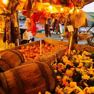 Various pumpkins and gourds for sale