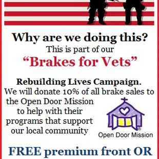 Free Brakes during the month of February to help support our local Veterans