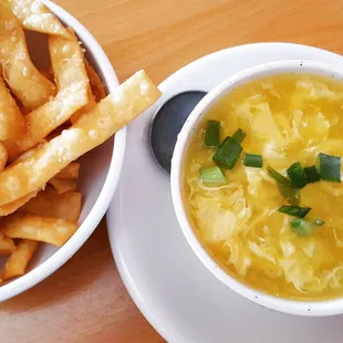 Egg Drop Soup (served with crunchy Chow Mein noodles)