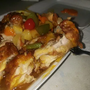 Sweet and sour chicken. Disgusting. Don't order it.