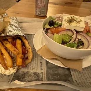 Pork gyro and village salad.